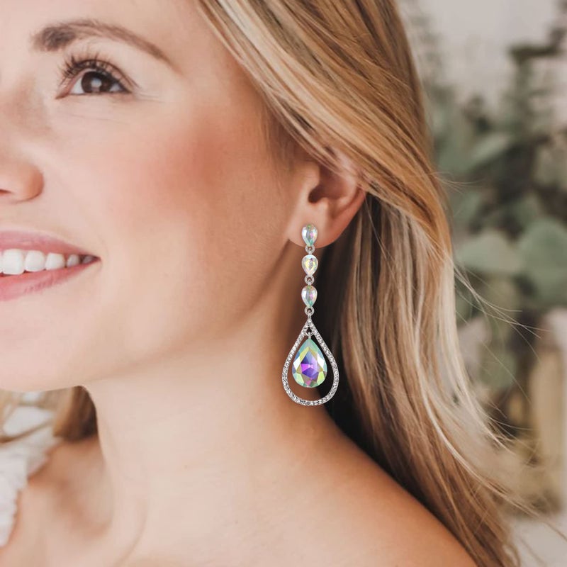EVER FAITH Crystal Bridal Hollow-out Teardrop Pierced Dangle Earrings Iridescent Clear AB Silver-Tone - Image 2